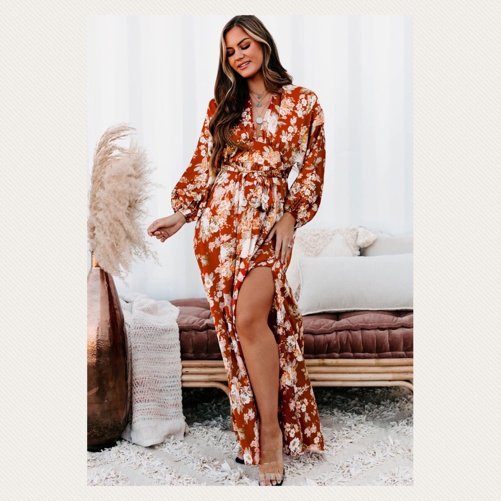 Rust floral satin maxi dress long sleeve